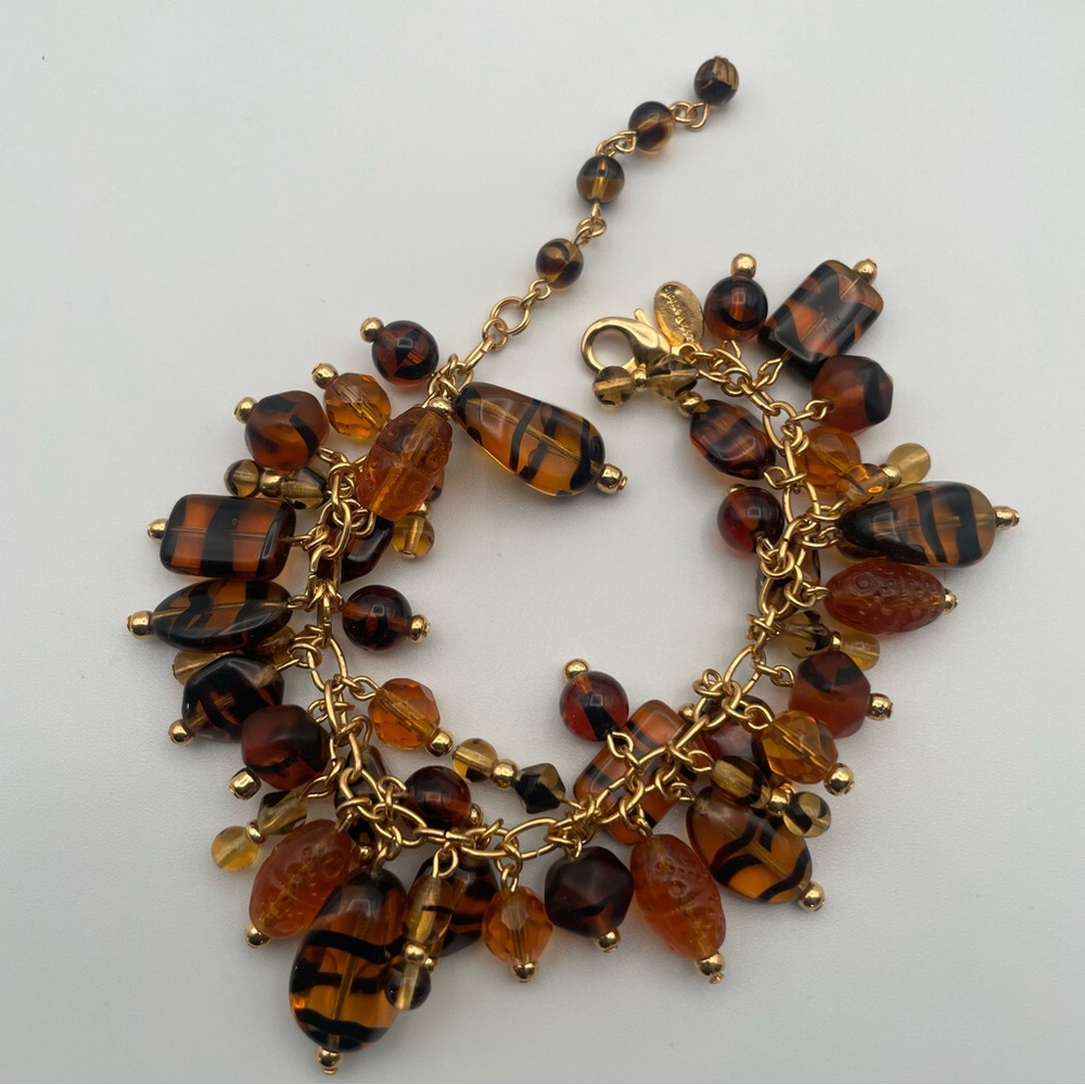 VTG Joan Rivers Amber & Tiger Striped Color Czech Glass Dangle Beaded Bracelet